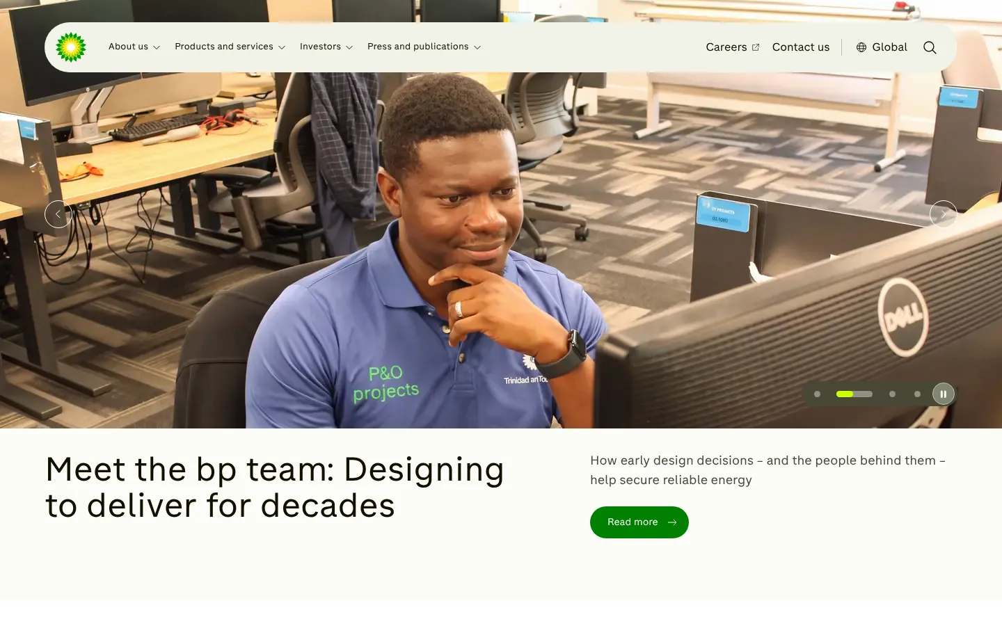 bp website homepage — the green and yellow Helios logo in the navigation above an engineer at a workstation