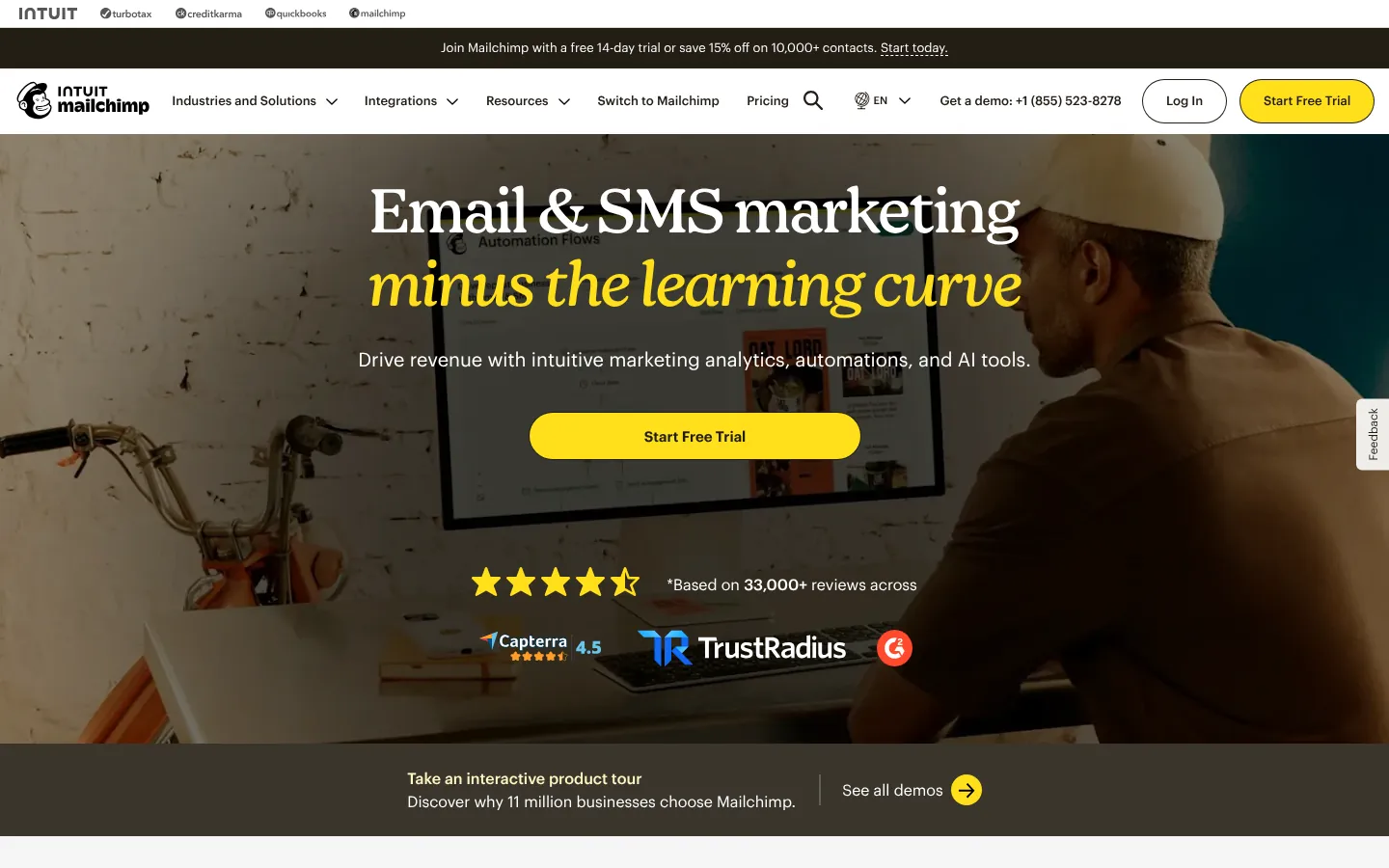 Intuit Mailchimp website homepage — “Email & SMS marketing minus the learning curve”