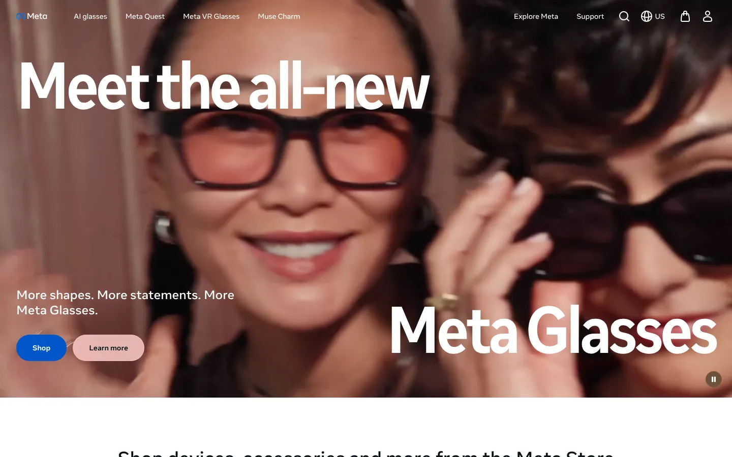Meta website homepage — “Meet the all-new Meta Glasses” with a woman wearing Meta glasses