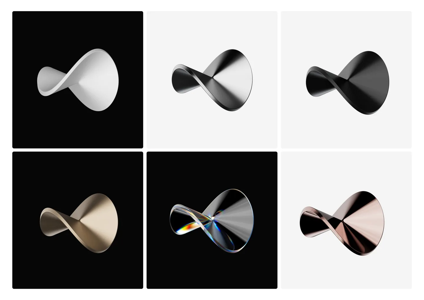 EveryTrade imagery — the same twisted 3D form rendered in white, black, gold and iridescent materials