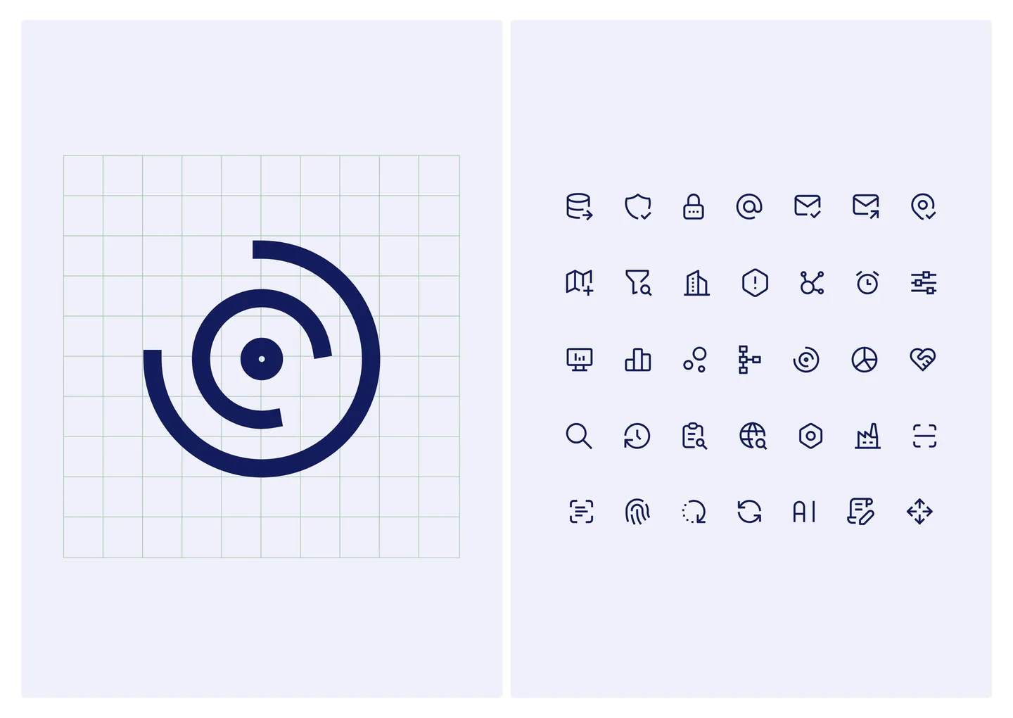 Qorelo icon system — the circular Qorelo symbol on a construction grid beside a set of line icons