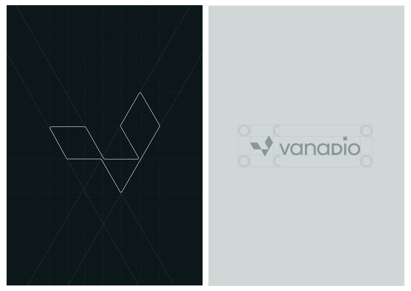Vanadio logo construction — the V-shaped symbol drawn on a geometric grid next to the Vanadio wordmark