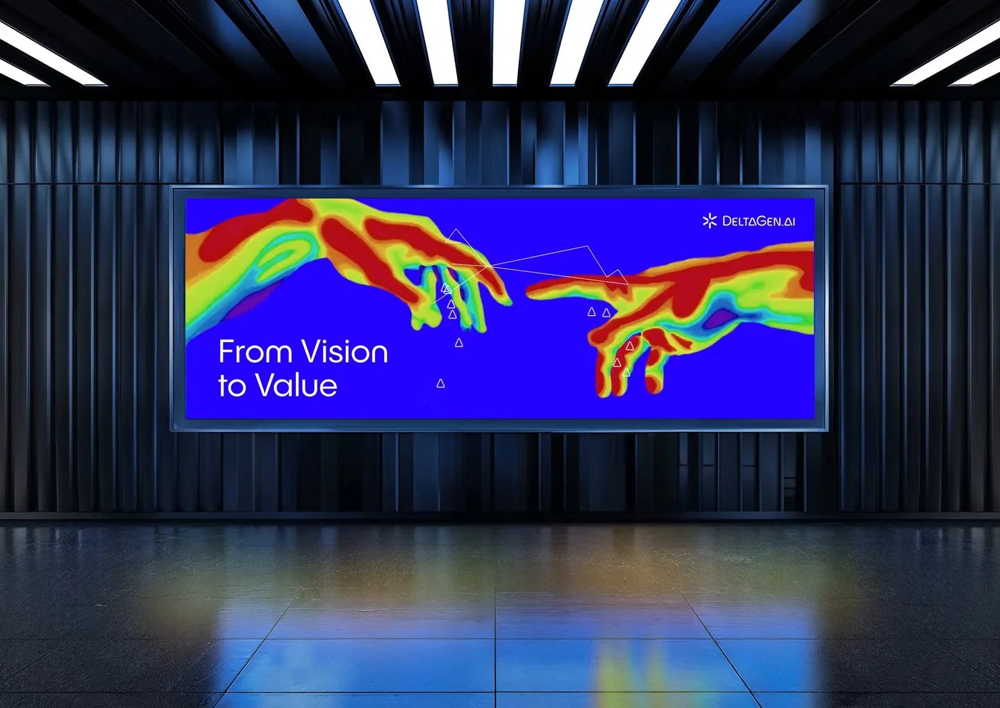DeltaGen billboard with the line “From Vision to Value” over a vivid thermal-style artwork of two reaching hands