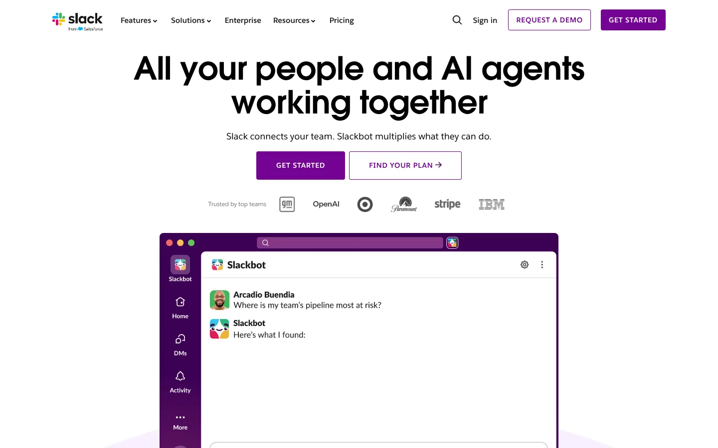 Slack website homepage — “All your people and AI agents working together” above a Slackbot conversation