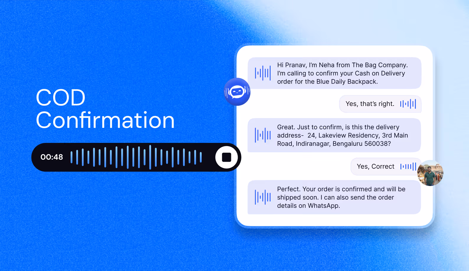 Chat interface showing a COD confirmation conversation for a Blue Daily Backpack order with voice message playback controls.