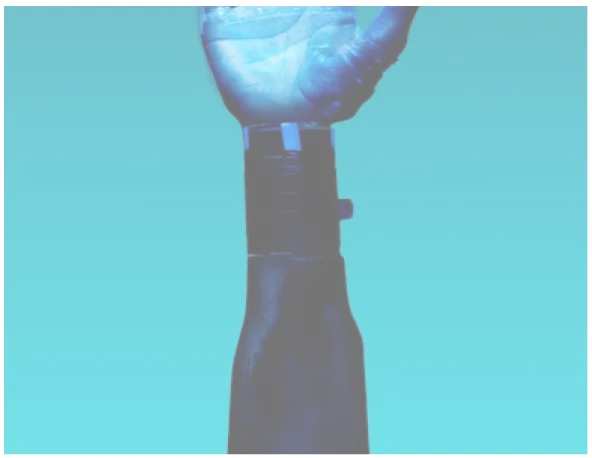 Close-up of a blue robotic hand with mechanical joints against a teal background.