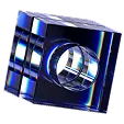 Transparent blue cube with a hollow circular center and reflective surfaces.