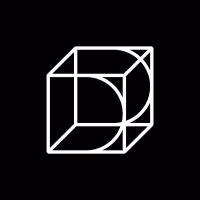 White outlined geometric cube with stylized curved lines on black background.