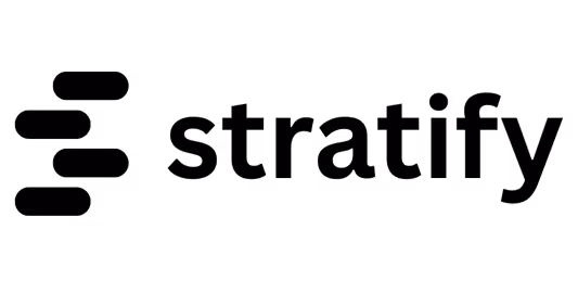 Logo of Stratify with black lowercase text and a stylized upward arrow integrated into the letter y.
