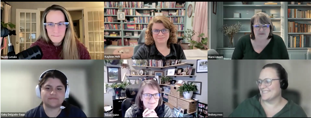 Six people in a video meeting, each with indoor backgrounds and some wearing glasses or headphones in a team training session.