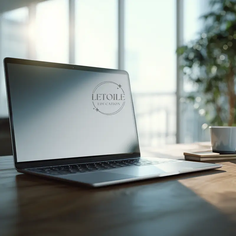 Laptop on wooden table with logo on screen, a cup and notebook in background by window with L'Etoile Education logo on screen.