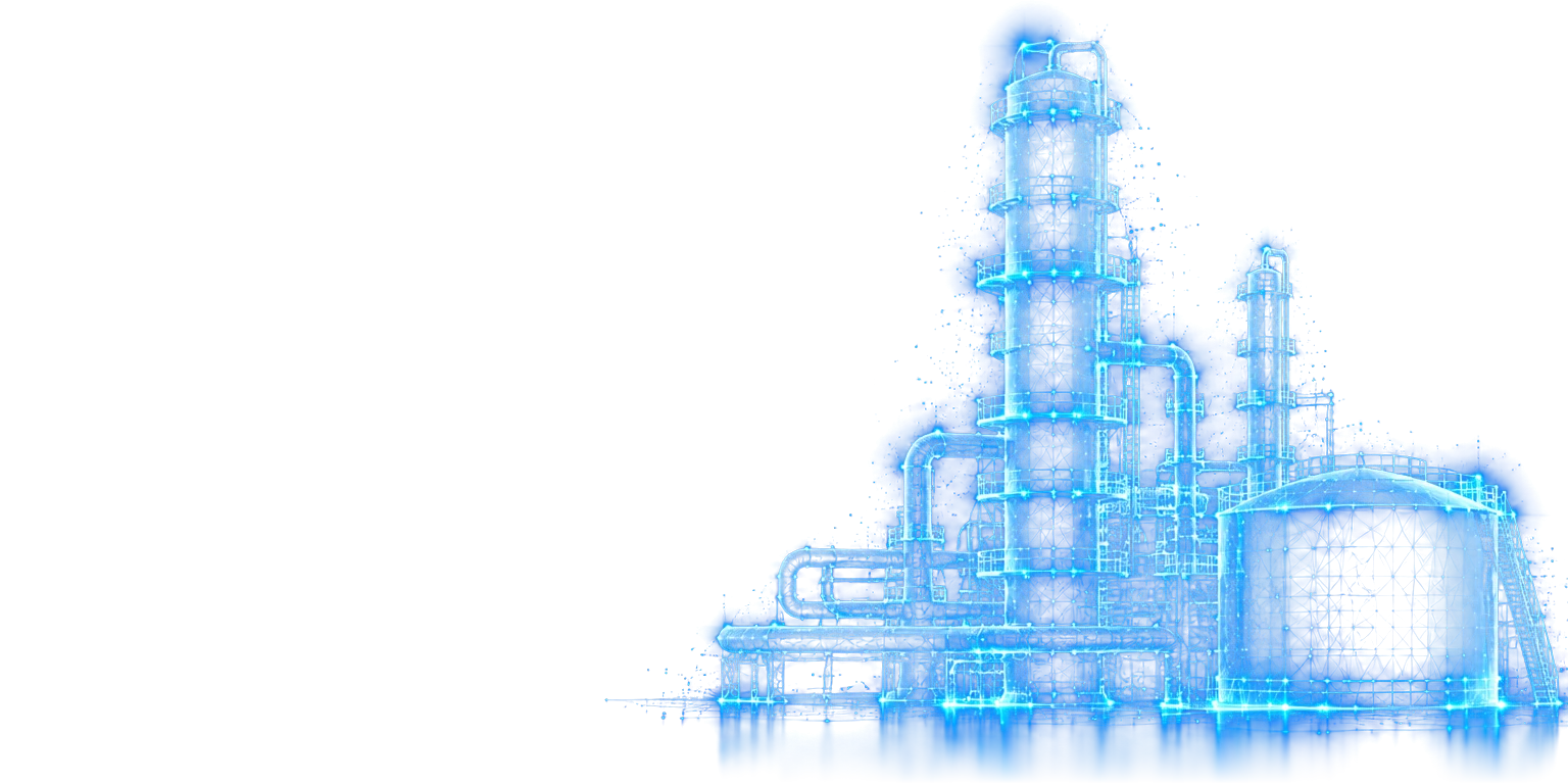 Digital wireframe illustration of an oil refinery tower, pipelines and storage tank