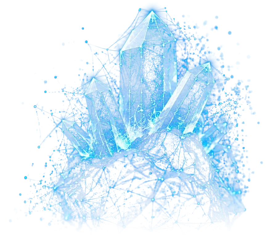 Digital wireframe illustration of mineral crystals rising from raw ore