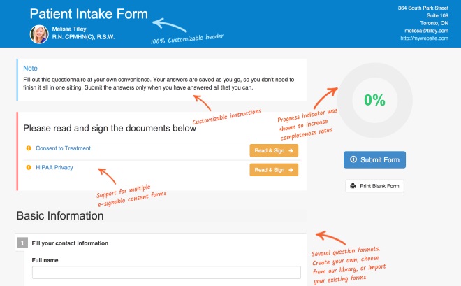 online patient intake form features