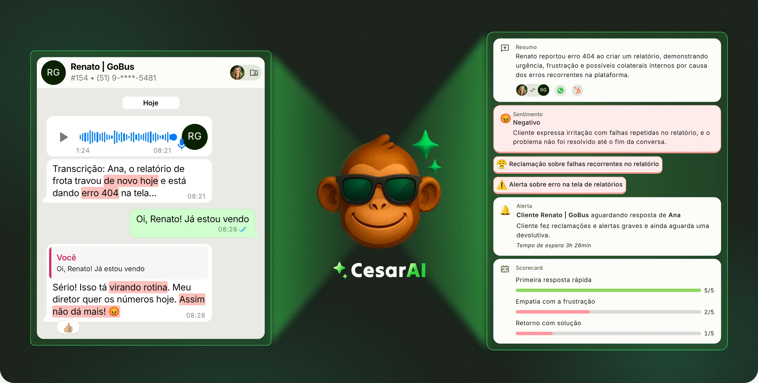 O Cesar qualifica a conversa do Renato com resumo, sentimento, tópicos, alerta e scorecard