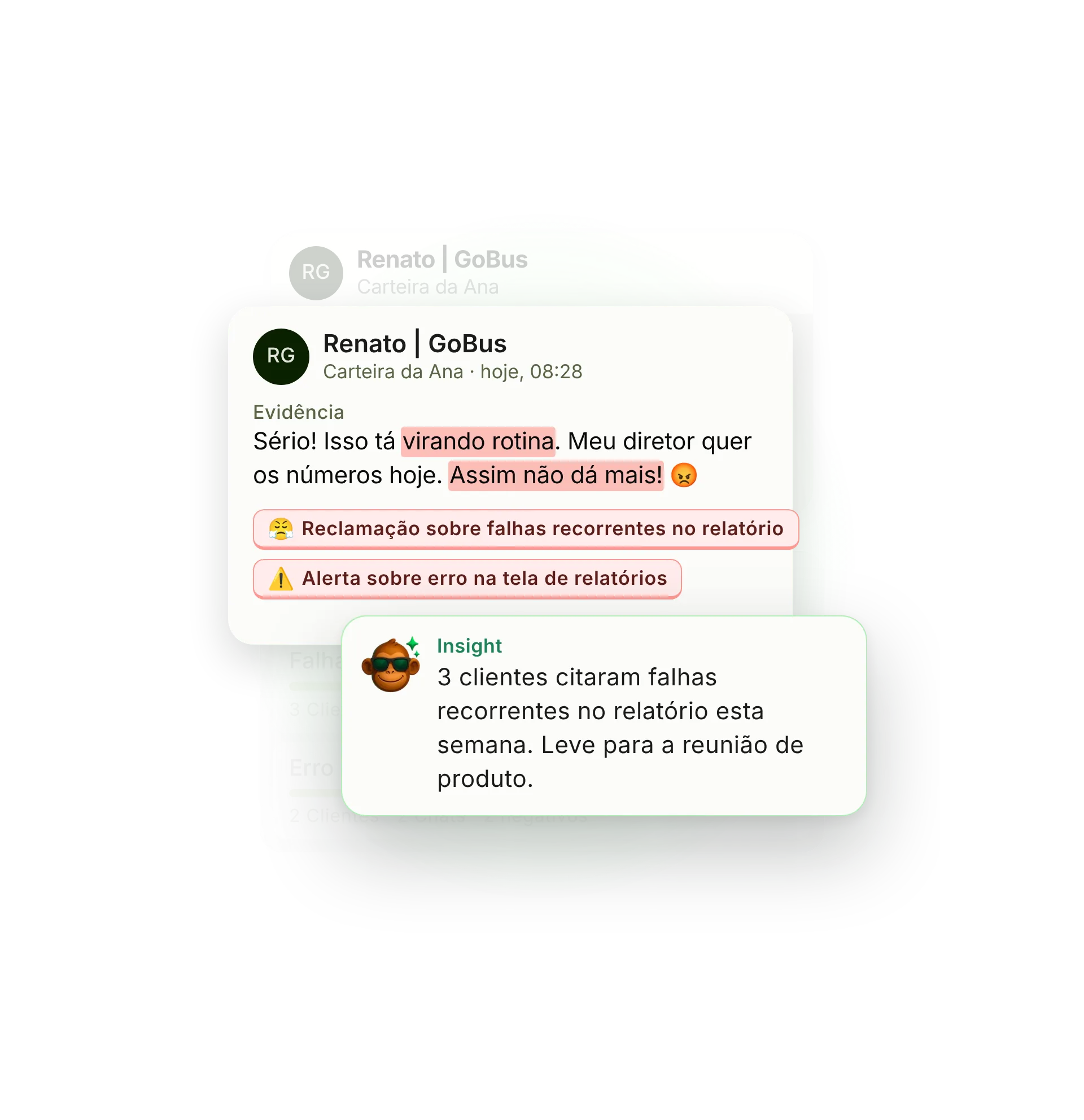 Mensagens do cliente com palavras-chave marcadas, assuntos críticos e o insight do Cesar com a evidência