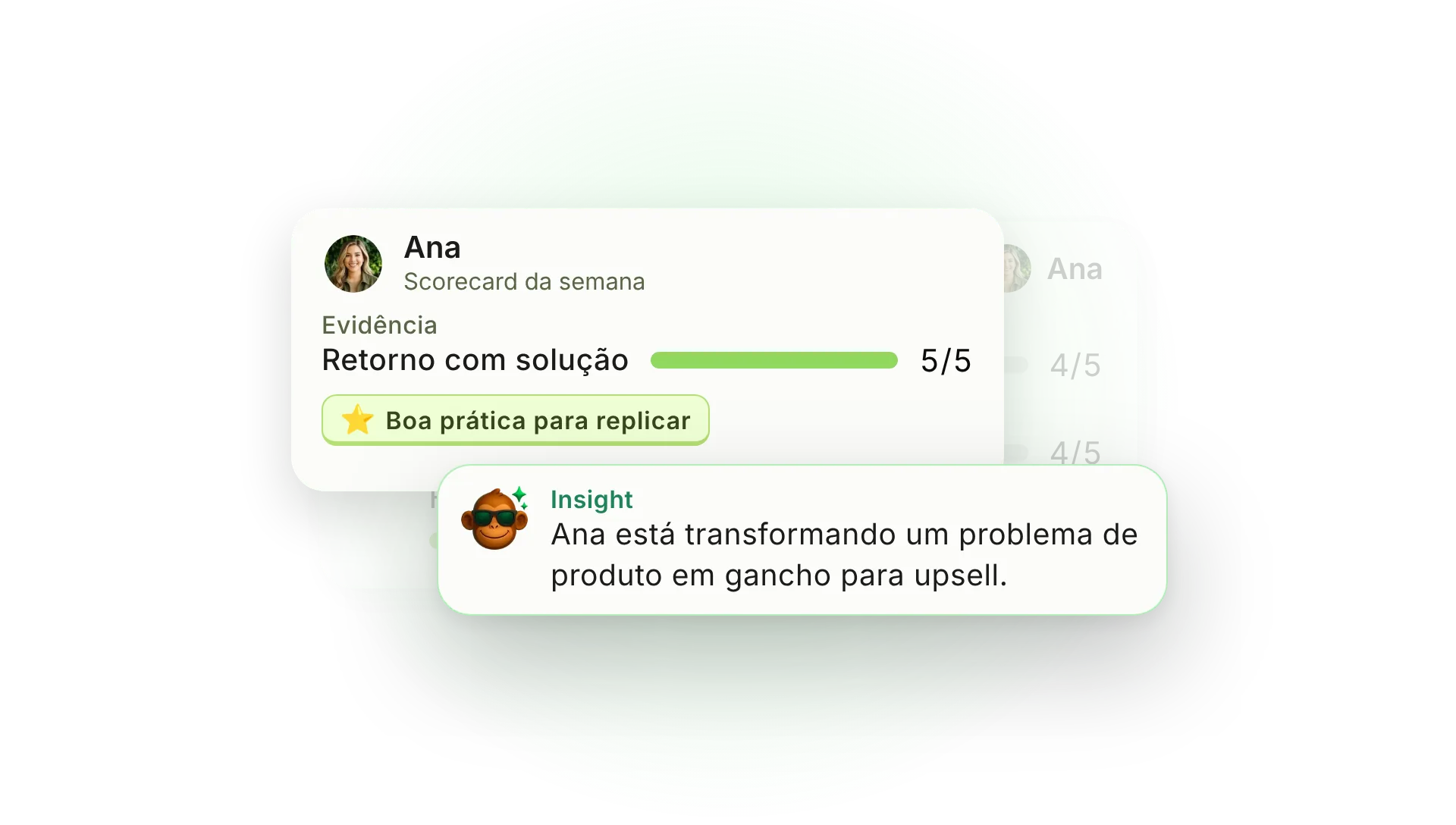Scorecard da atendente com a nota do critério e o insight do Cesar com uma boa prática