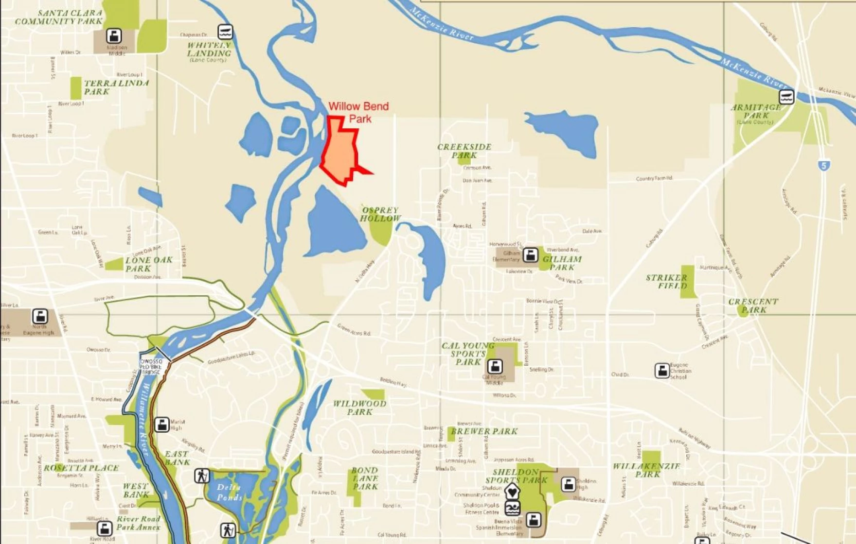 A map displaying the location of Willow Bend Park in Northeast Eugene, off of N. Delta Road.