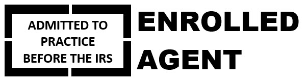 Stamp seal with text 'Admitted to Practice Before the IRS' and bold words 'Enrolled Agent'.