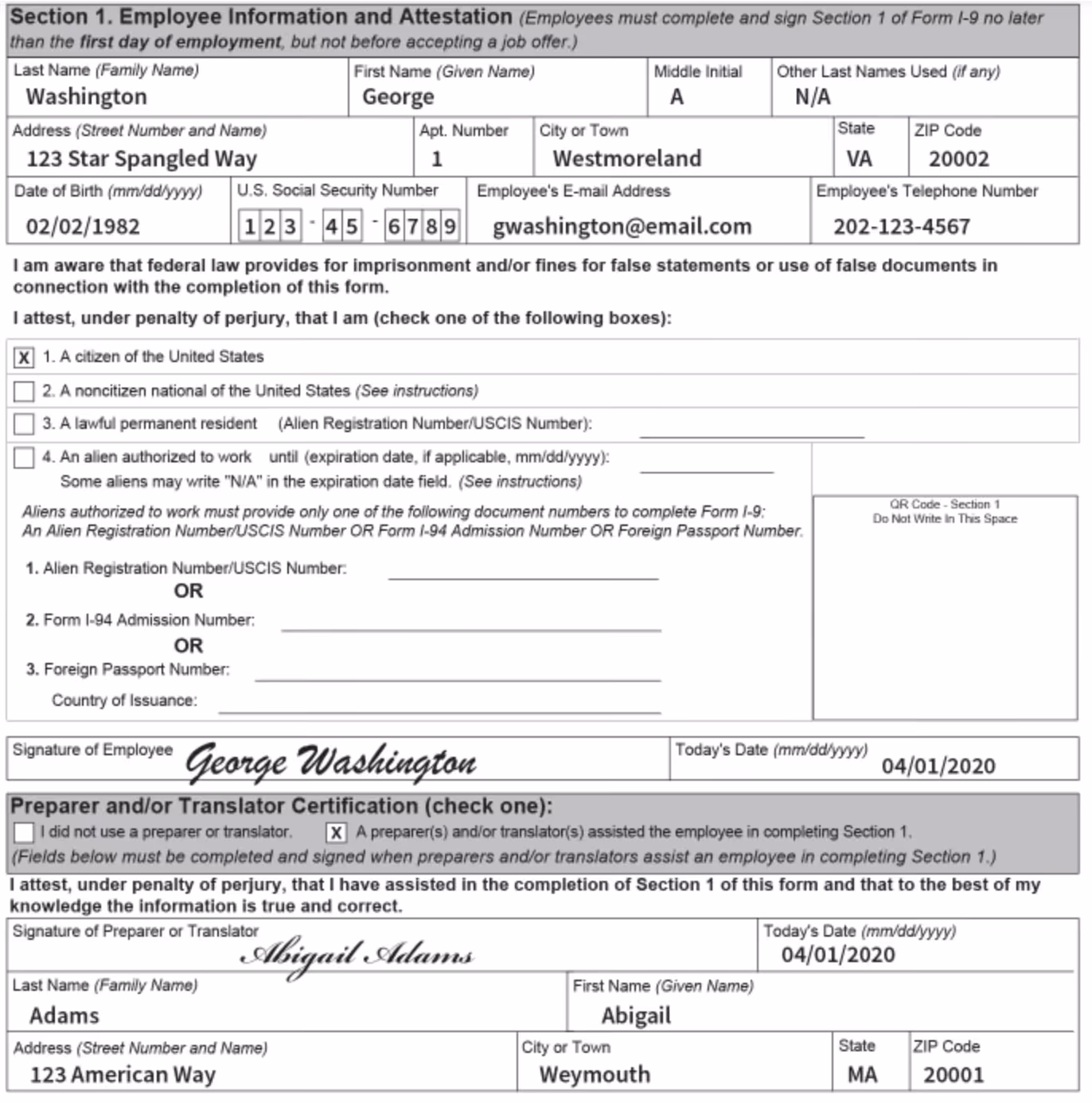 Examples of Section 1 in I9 Form