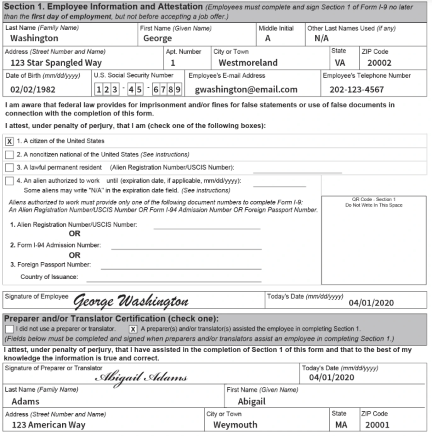 Examples of Section 1 in I9 Form