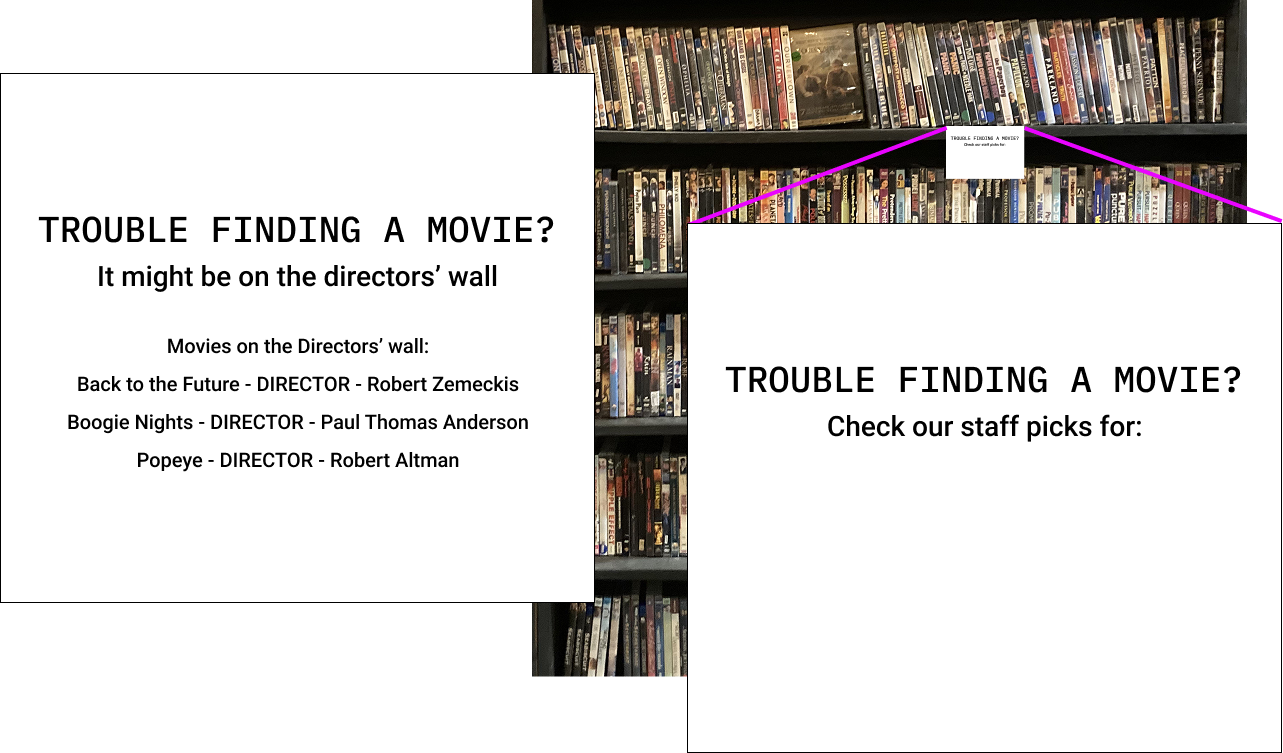 Mockup signage to direct members to the directors' wall and staff picks