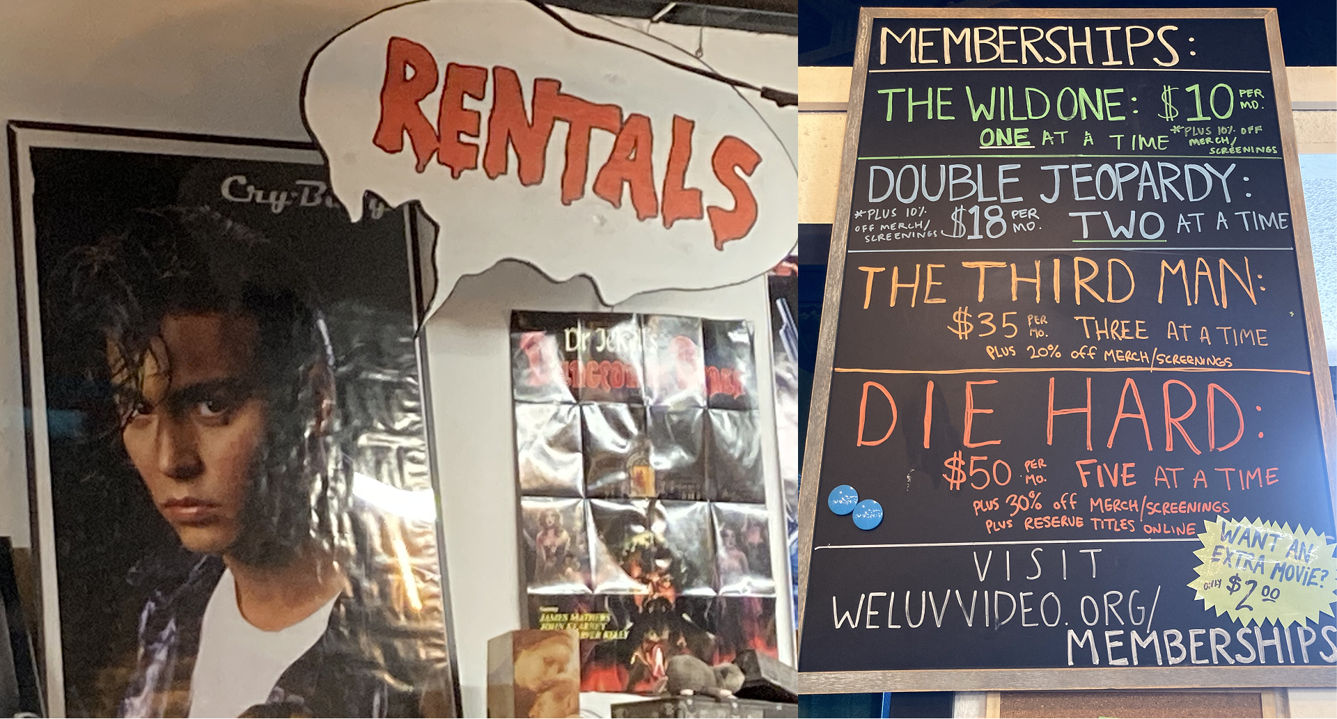 Two photos: one is a poster for John Waters' film Cry Baby with a giant word bubble next to it, which reads "RENTALS." The second is a chalkboard listing the membership tiers and cost per month.