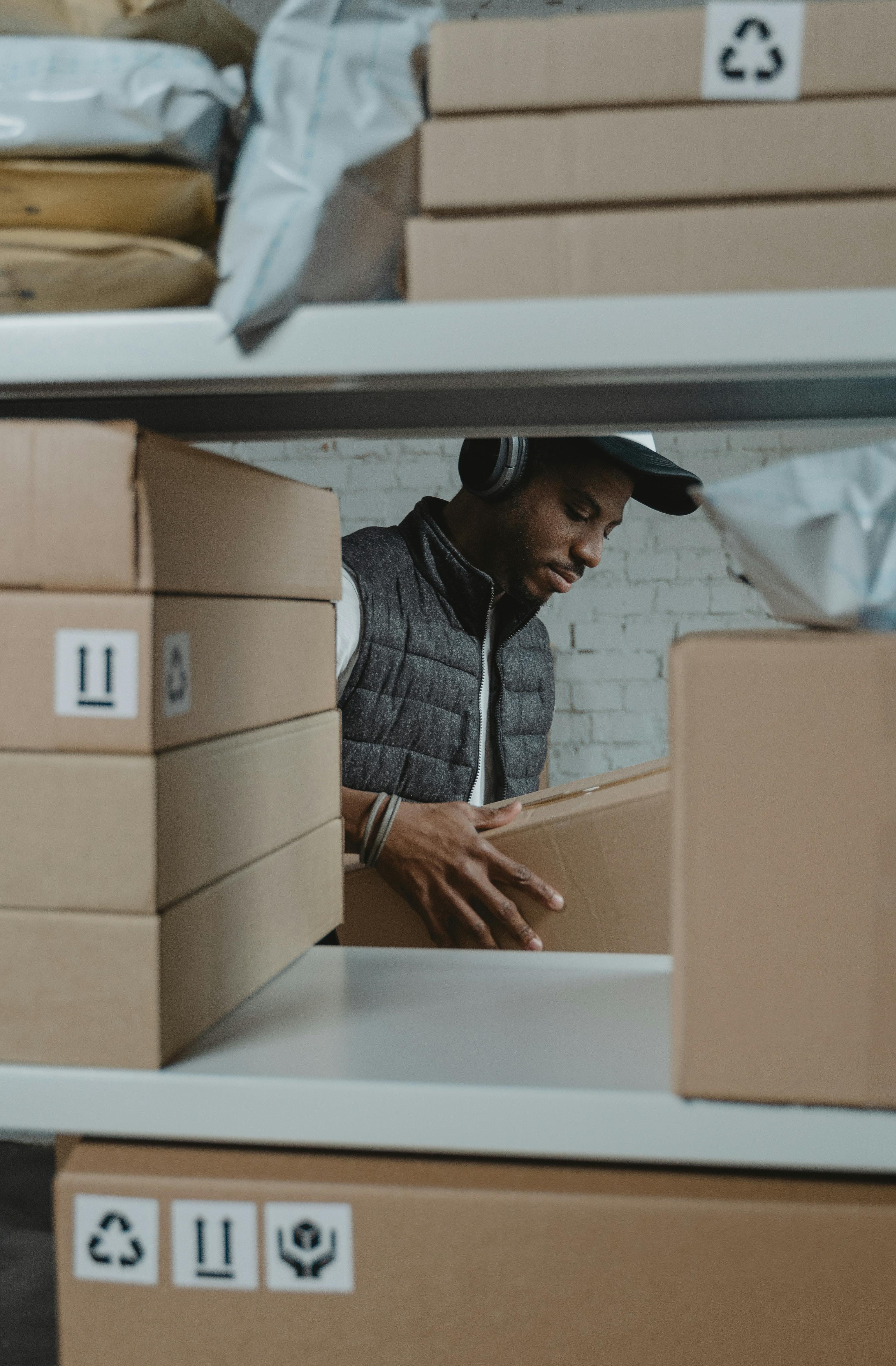 A worker sorting cardboard packages on shelves in a warehouse environment.