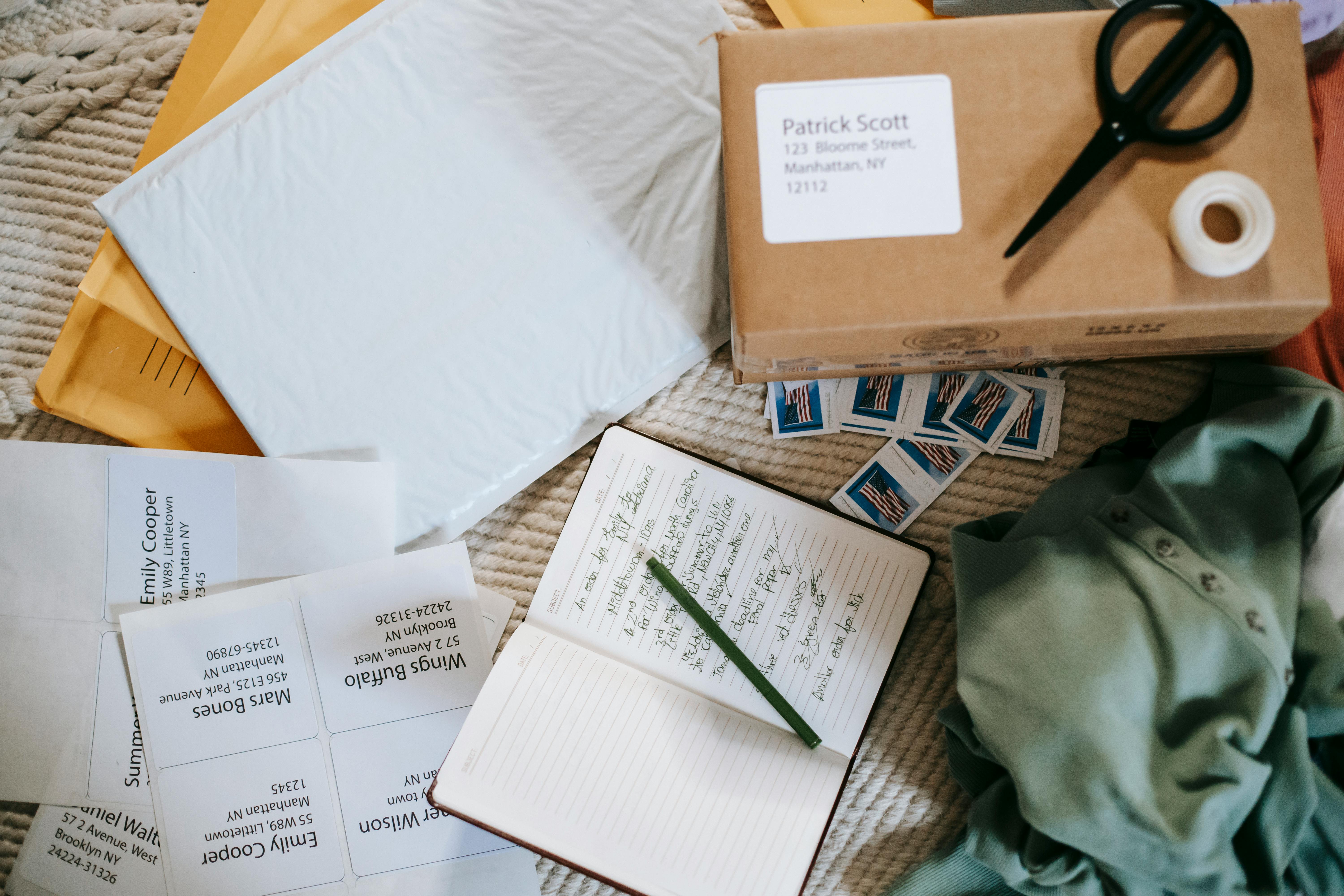 Top view of a workspace with mailing supplies, labels, and a planner for organized shipping.