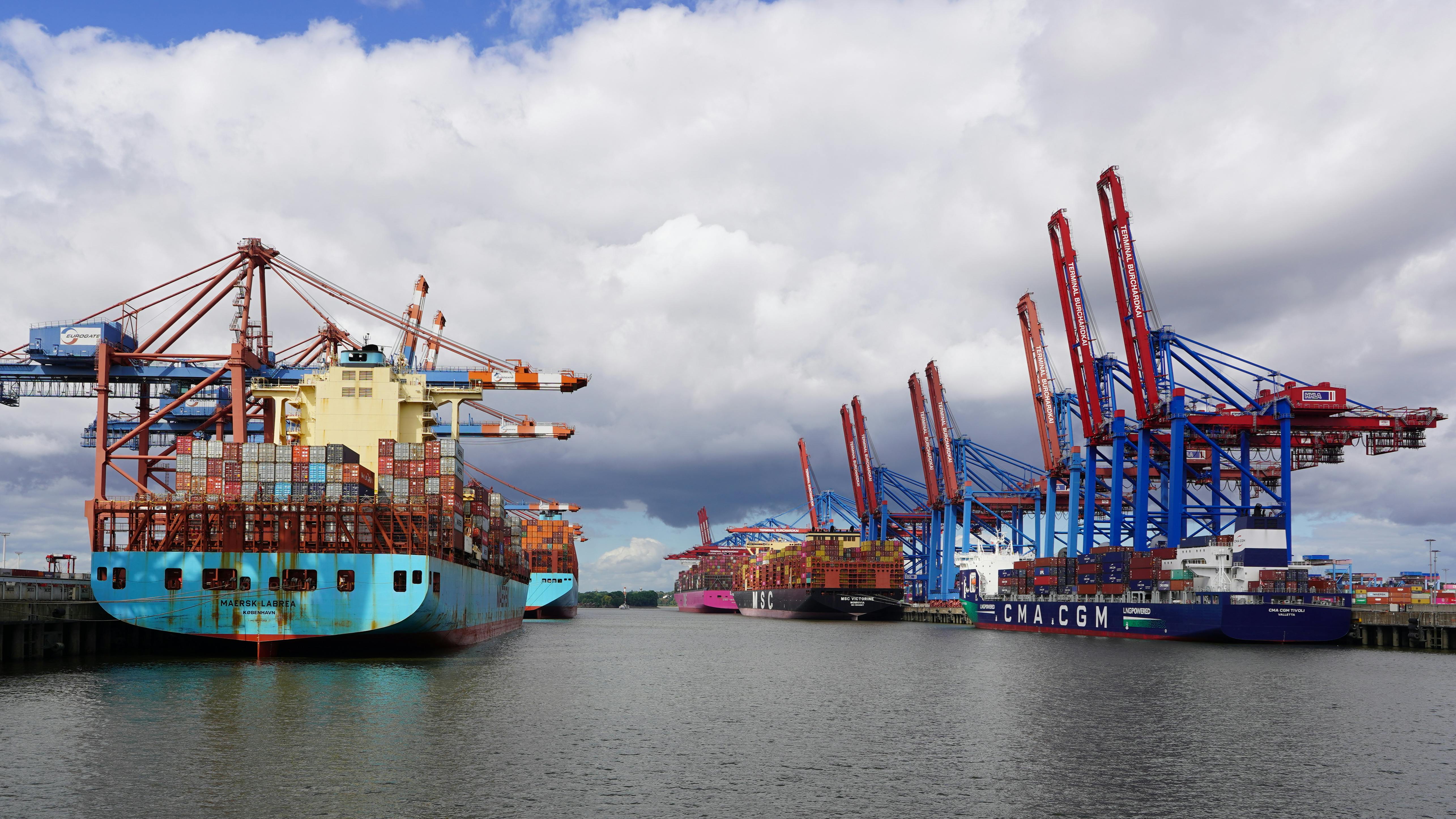 Wide-angle view of container ships docked at Hamburg port under cloudy skies, showcasing global trade.