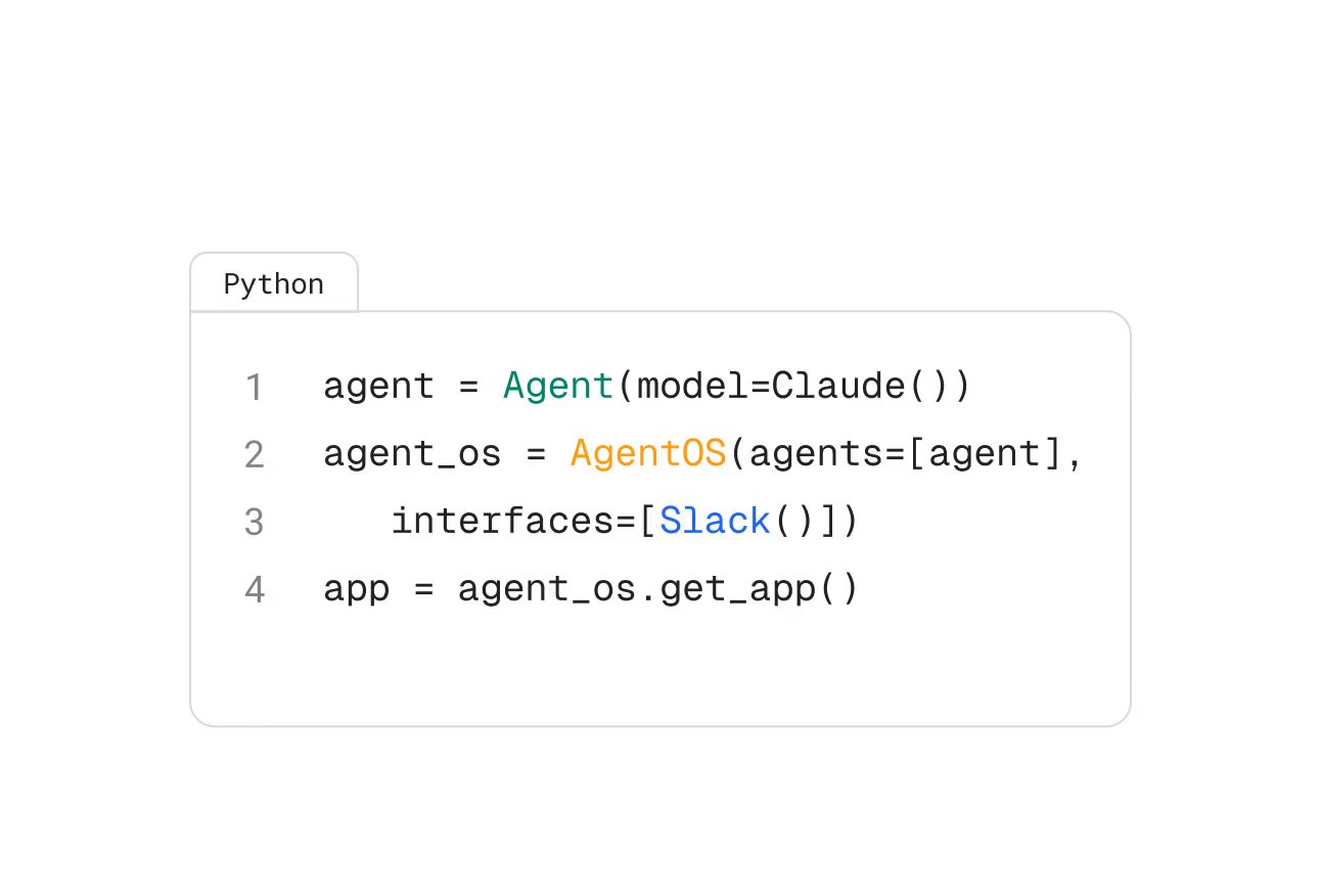 Python code snippet demonstrating simple integration of an agent and Slack using Agno AgentOS.