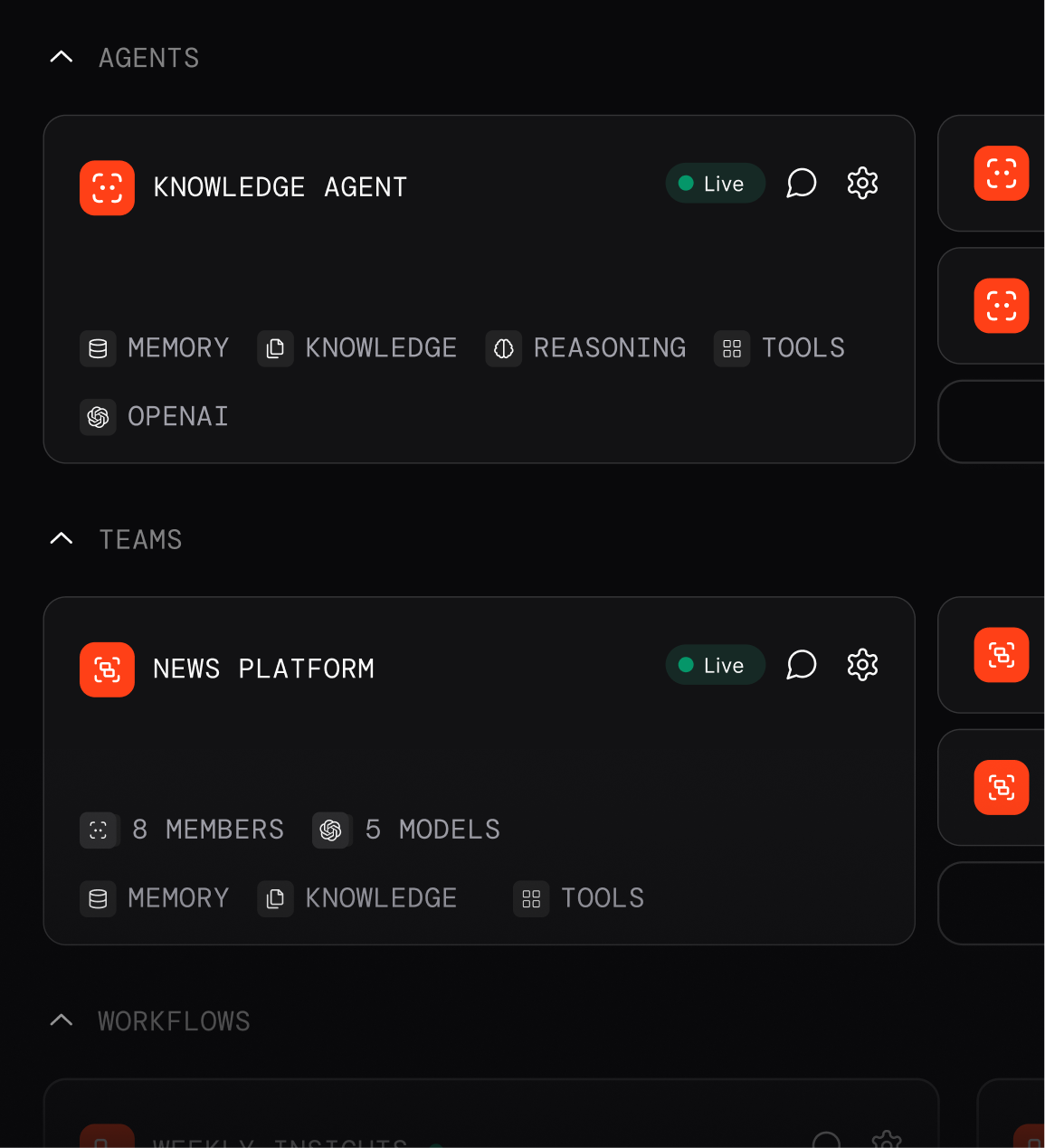 User interface showing sections for Agents, Teams, and Workflows with the Knowledge Agent and News Platform marked as live, displaying icons for memory, knowledge, reasoning, tools, members, and models.