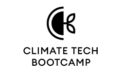 Climate Tech Bootcamp Logo: outlined half circle encircling smaller filled half circle with seedling emerging from half circle; "climate tech bootcamp" below image in black