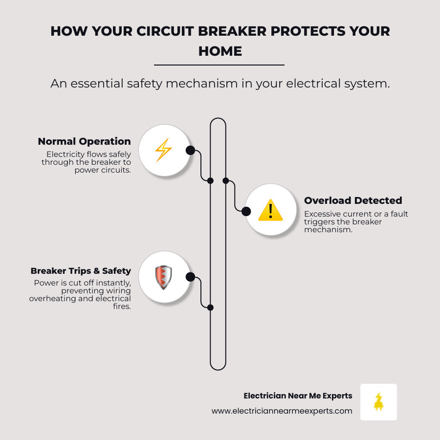 Infographic showing how a circuit breaker protects your home: 1) Normal operation - electricity flows safely through the breaker to circuits; 2) Overload detected - excessive current triggers the breaker mechanism; 3) Breaker trips - power is cut off before wiring overheats; 4) Fire prevented - your home stays safe from electrical hazards - circuit breaker repair frisco infographic infographic-line-3-steps-elegant_beige
