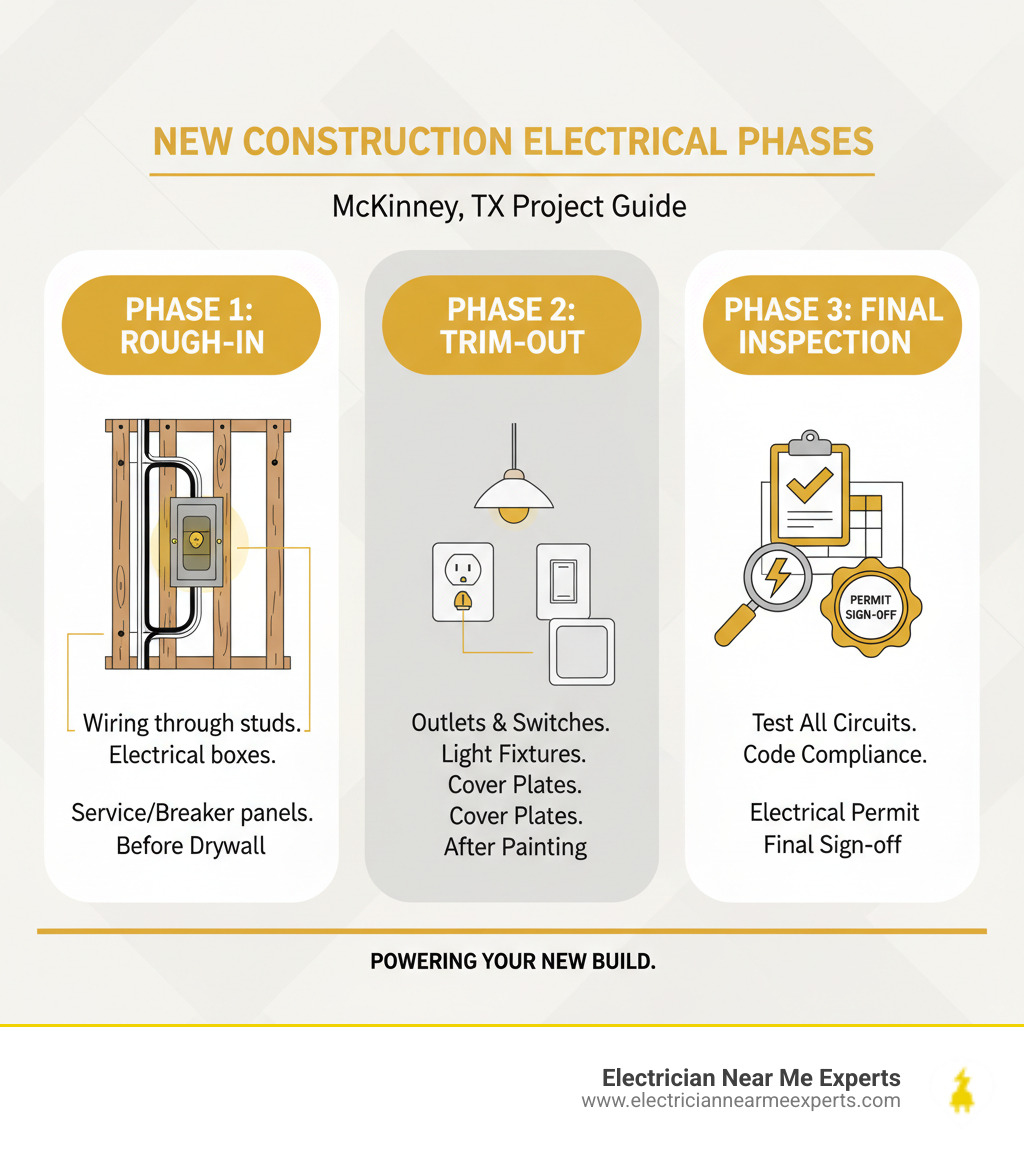 Infographic showing three phases of new construction electrical work: Phase 1 Rough-In includes running wiring through studs, installing electrical boxes, setting service panel and breaker boxes before drywall; Phase 2 Trim-Out includes installing outlets, switches, light fixtures, and cover plates after painting; Phase 3 Final Inspection includes testing all circuits, verifying code compliance, and obtaining electrical permit sign-off - new construction electrician mckinney tx infographic 