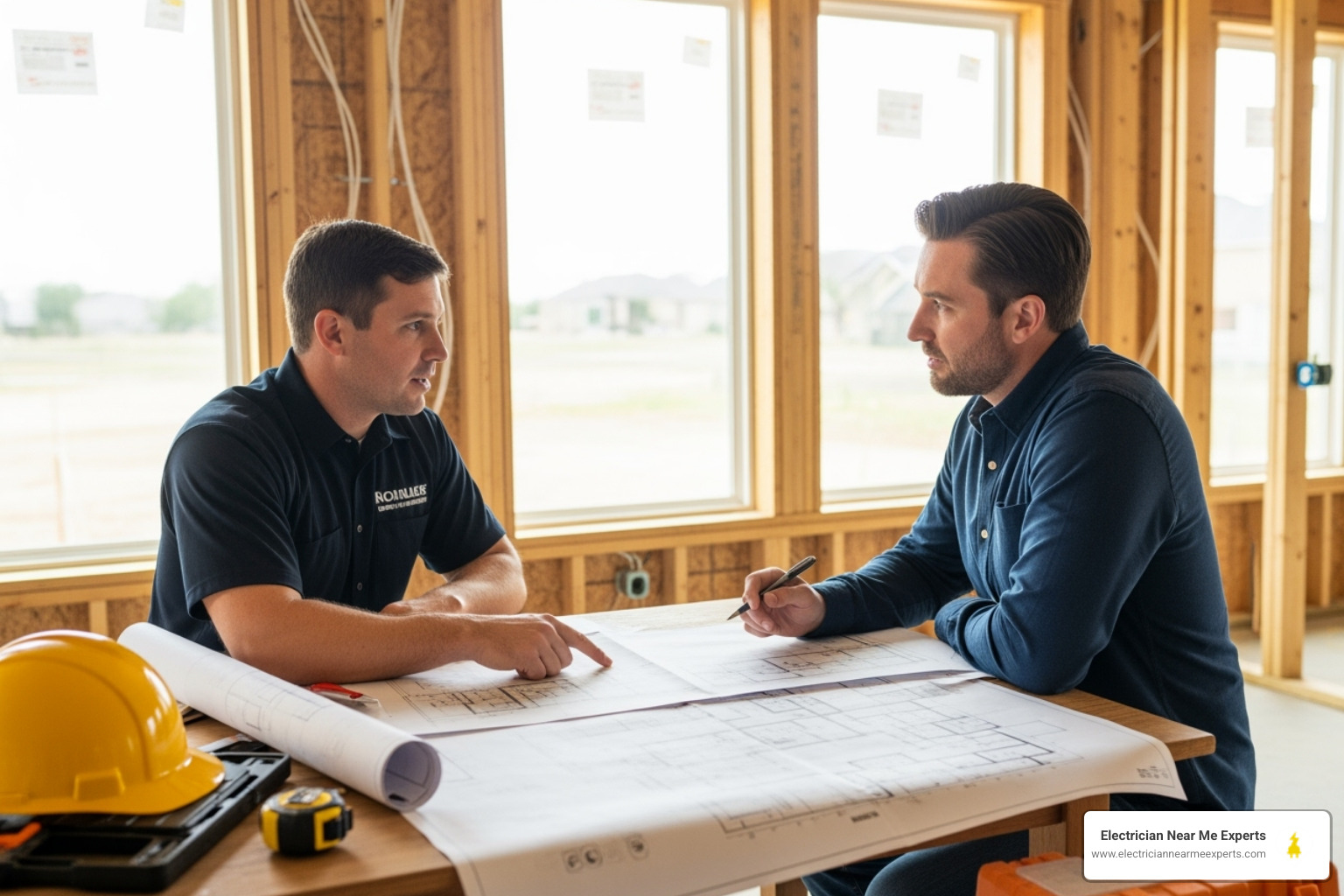 a homeowner and an electrician discussing plans over a table - new construction electrician mckinney tx