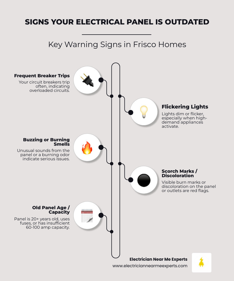 infographic showing warning signs of outdated electrical panel including frequent tripping breakers, flickering lights, buzzing sounds, burning smells, scorch marks, panel age over 20 years, fuse boxes, and insufficient 60-100 amp capacity with modern home power demands - breaker box upgrade frisco infographic infographic-line-5-steps-elegant_beige