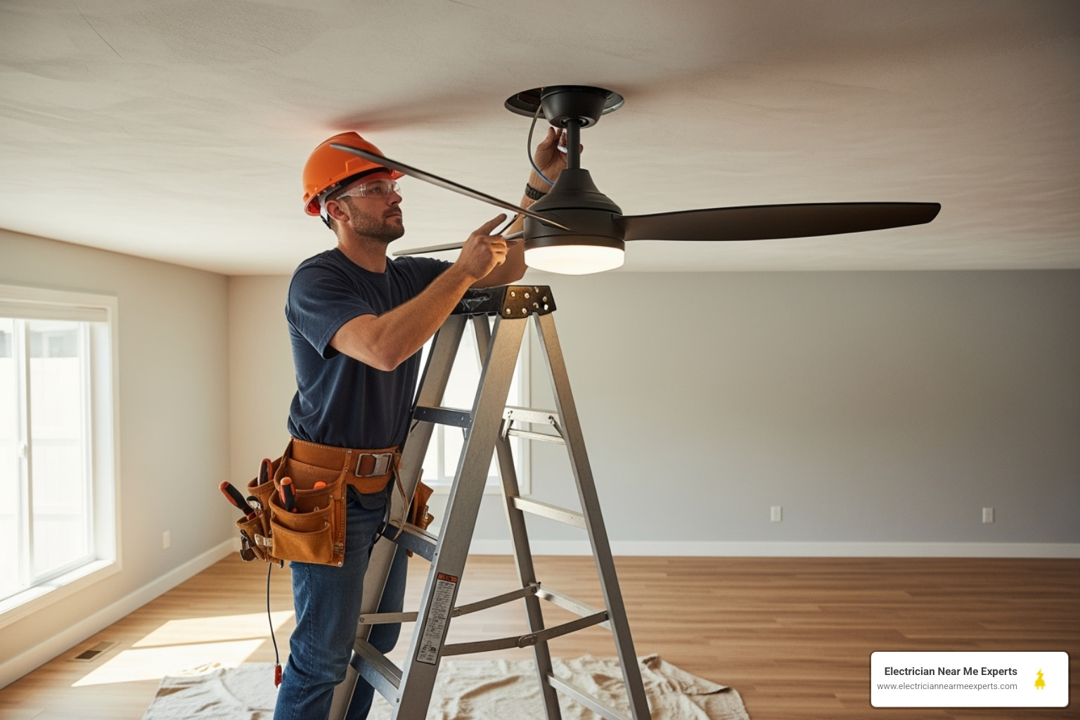 licensed electrician safely installing a ceiling fan on a high ceiling - ceiling fan installation frisco