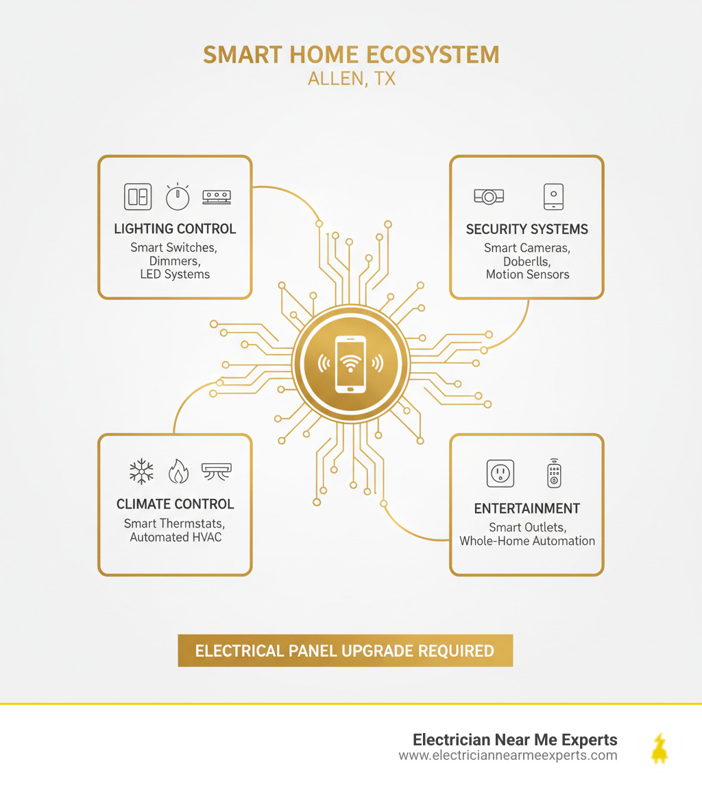 Infographic showing the smart home ecosystem with four main categories: Lighting Control (smart switches, dimmers, LED systems), Climate Control (smart thermostats, automated HVAC), Security Systems (smart cameras, doorbells, motion sensors), and Entertainment (smart outlets, whole-home automation). All connected through a central hub showing smartphone and voice control integration, with electrical panel upgrade requirements noted at the base. - smart home electrician allen infographic 