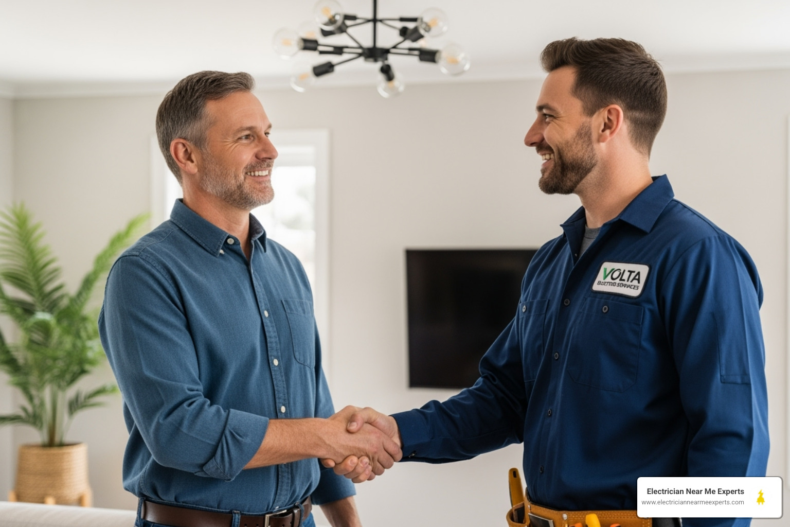 A homeowner shaking hands with a professional electrician, symbolizing trust and agreement. - smart home electrician allen