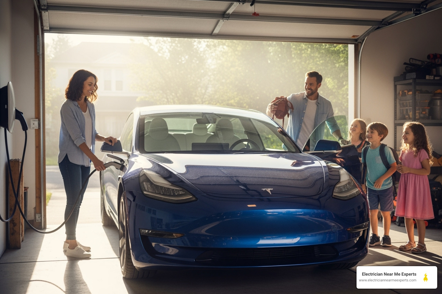Family unplugging their Tesla in the morning, ready for the day - tesla charger install plano