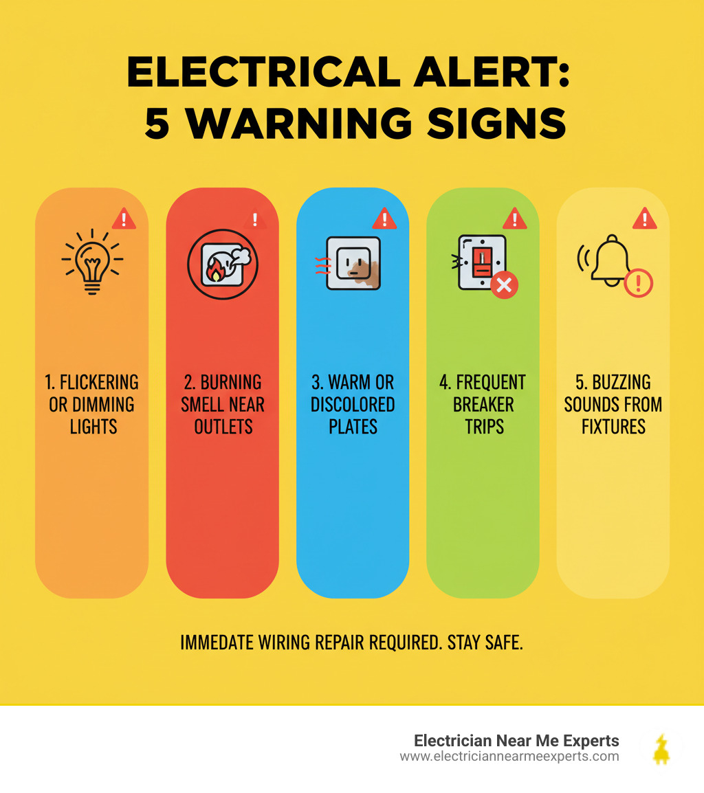 infographic showing five critical warning signs requiring immediate wiring repair: flickering or dimming lights throughout the home, burning smell near outlets or switches, warm or discolored electrical plates, frequent circuit breaker trips, and buzzing sounds from electrical fixtures, with safety icons and red alert indicators - wiring repair allen infographic 