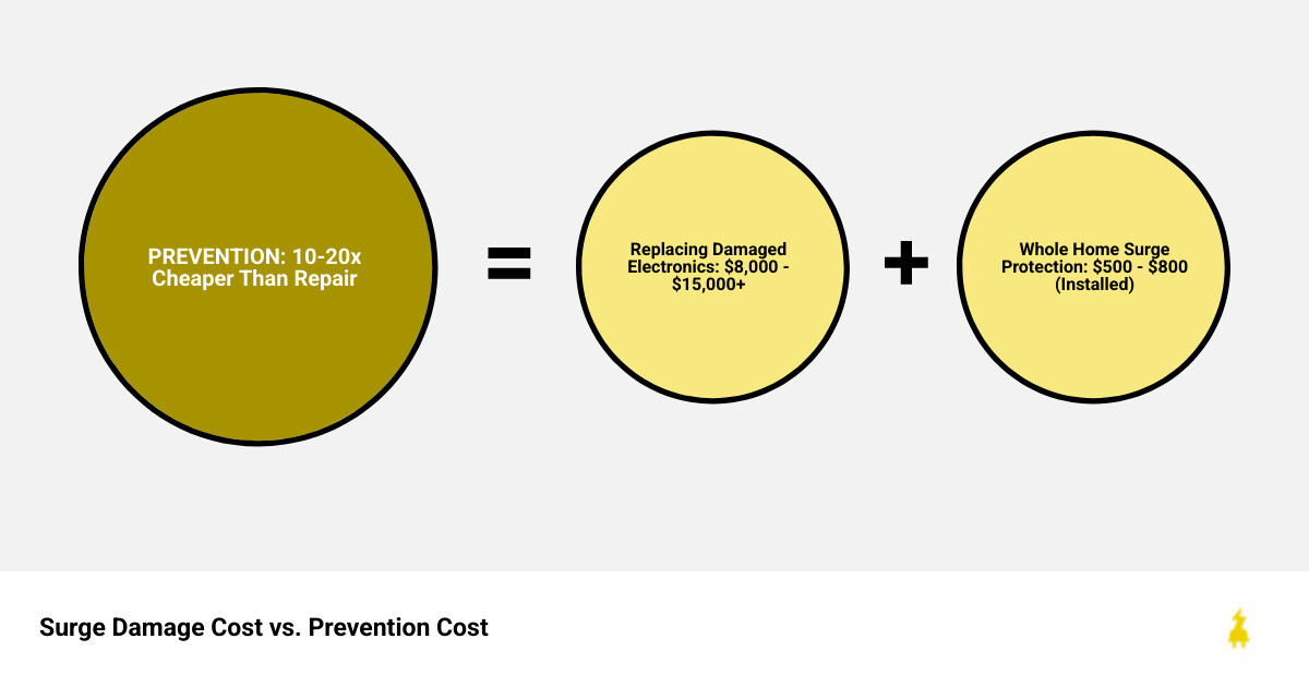 Infographic comparing the cost of replacing common household electronics after a surge ($8,000-$15,000 for TVs, computers, smart appliances, HVAC components, and kitchen appliances) versus the one-time investment in whole home surge protection ($500-$800 installed). Shows that a single major surge event costs 10-20x more than prevention. - whole home surge protection allen infographic sum_of_parts