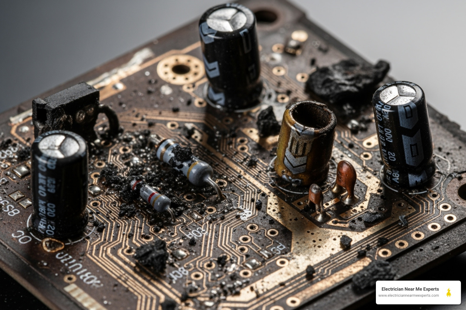 Image of a burnt-out computer circuit board with visible damage from a power surge. - whole home surge protection allen