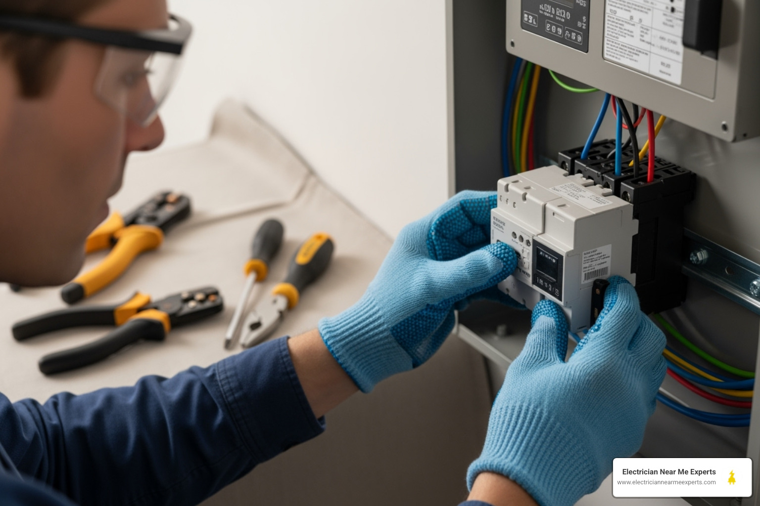 Image of a licensed electrician installing a surge protector device on a home's main electrical panel, showing proper tools and safety gear. - whole home surge protection allen