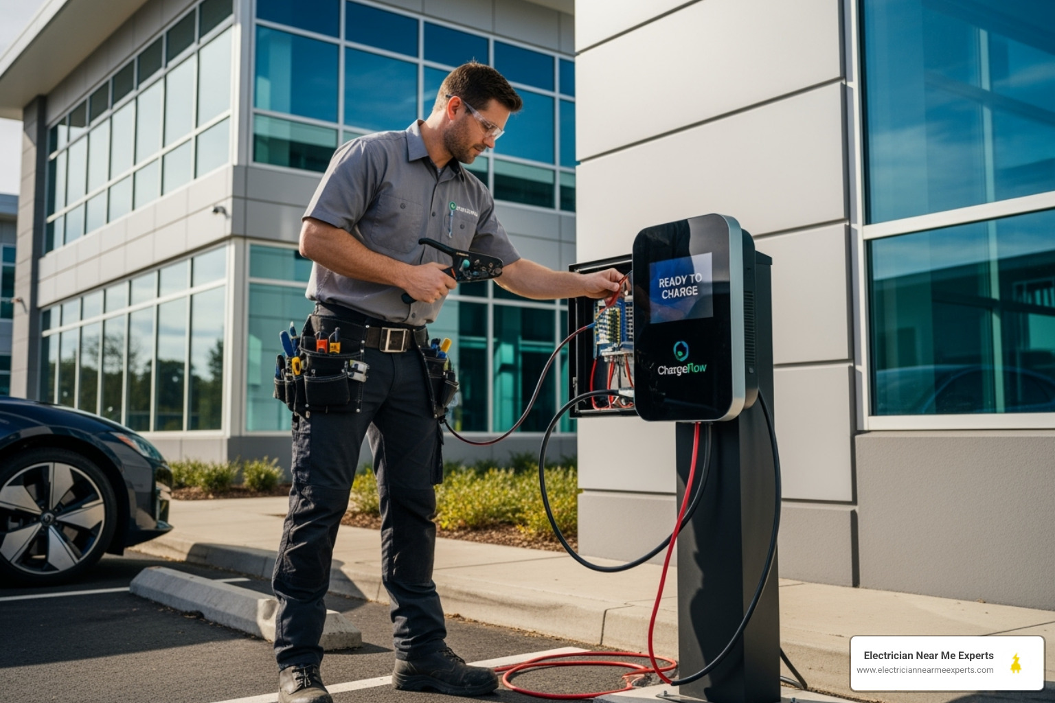 an electrician installing an EV charging station at a commercial property - commercial electrician plano