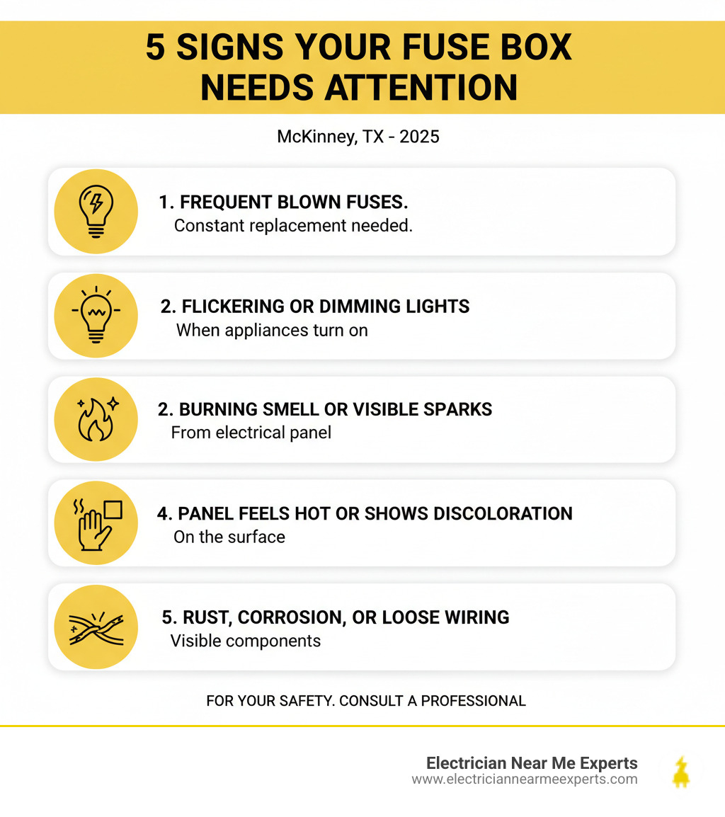 Infographic showing the top 5 signs your fuse box needs immediate attention: 1. Frequent blown fuses requiring constant replacement, 2. Flickering or dimming lights when appliances turn on, 3. Burning smell or visible sparks from the electrical panel, 4. Panel feels hot to the touch or shows discoloration, 5. Rust, corrosion, or loose wiring visible on components - fuse box repair mckinney tx infographic 