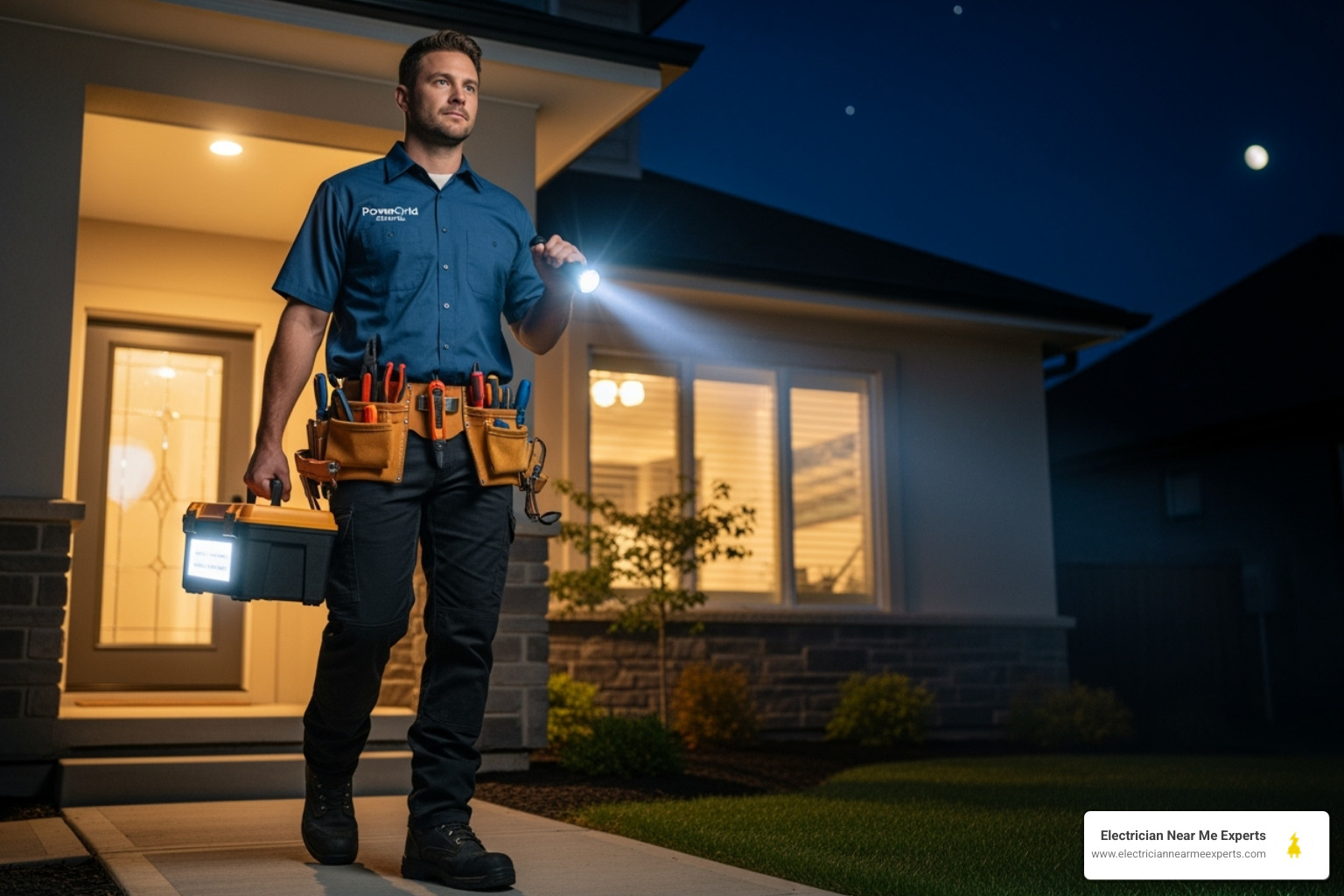 Professional electrician with a toolbelt arriving at a home at night - emergency electrician mckinney tx