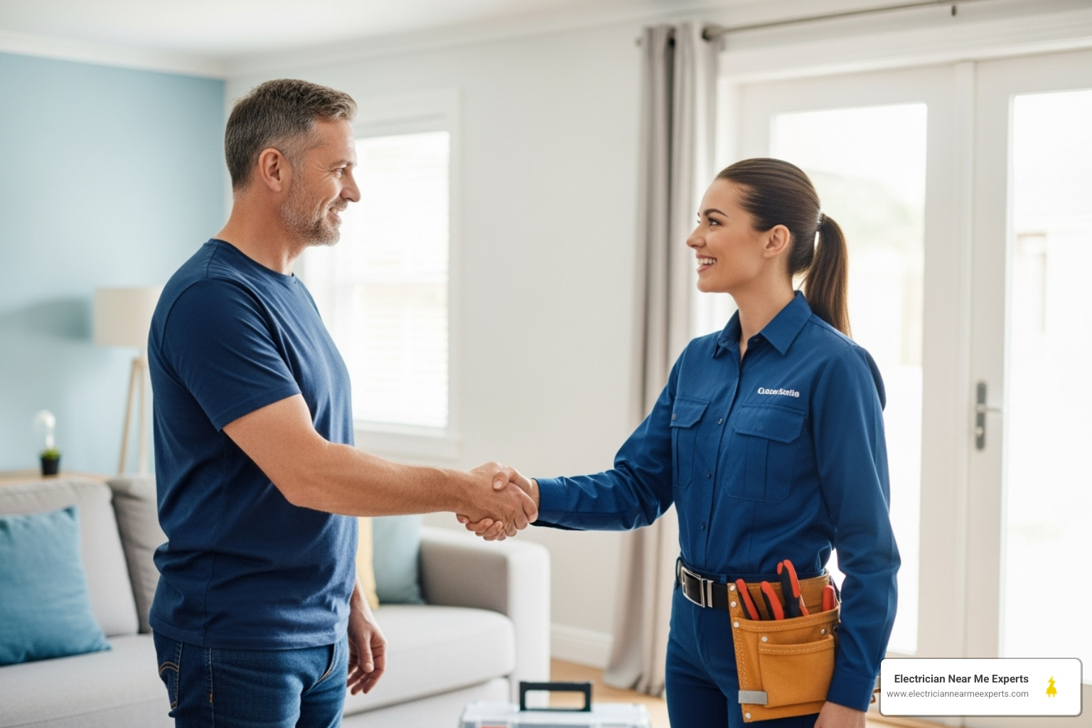 Homeowner shaking hands with a friendly, uniformed electrician - emergency electrician mckinney tx