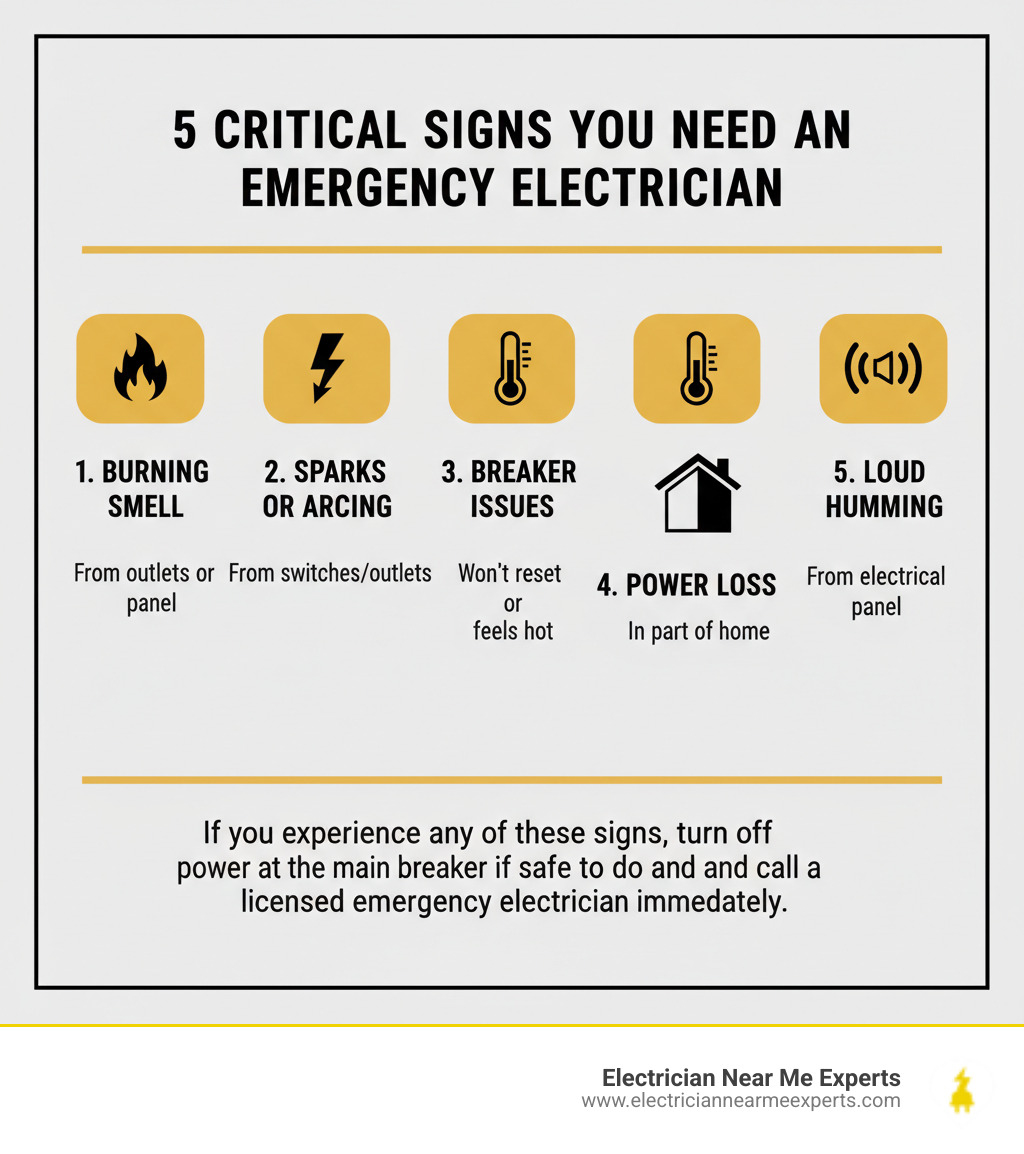 Infographic showing 5 critical signs you need an emergency electrician: 1. Burning smell from outlets or panel with flame icon, 2. Sparks or arcing from switches/outlets with lightning bolt icon, 3. Circuit breakers that won't reset or feel hot with thermometer icon, 4. Complete power loss in part of home with house icon, 5. Loud humming or buzzing from electrical panel with sound wave icon. Bottom text reads: If you experience any of these signs, turn off power at the main breaker if safe to do so and call a licensed emergency electrician immediately. - emergency electrician mckinney tx infographic 